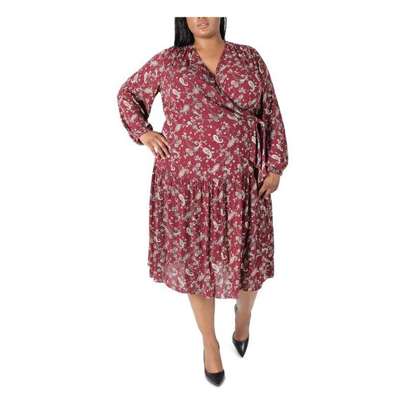 SIGNATURE BY ROBBIE BEE Womens Burgundy Tie Crinkle Sleeve Midi Dress Plus 3X - Picture 1 of 4
